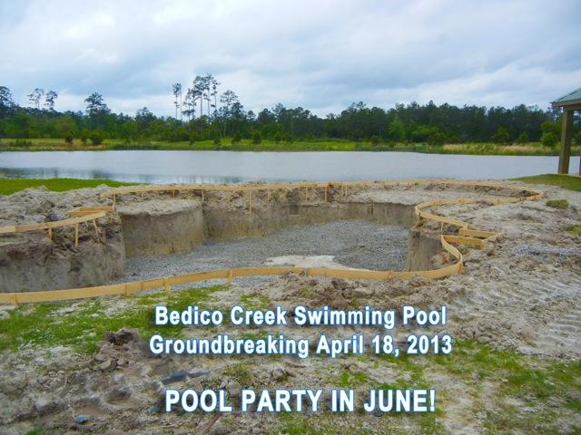 Bedico Creek Preseve digs footer for custom-shaped swimming pool. Construction on the pool has begun and should be completed by June. Plan for a pool party at Bedico Creek!